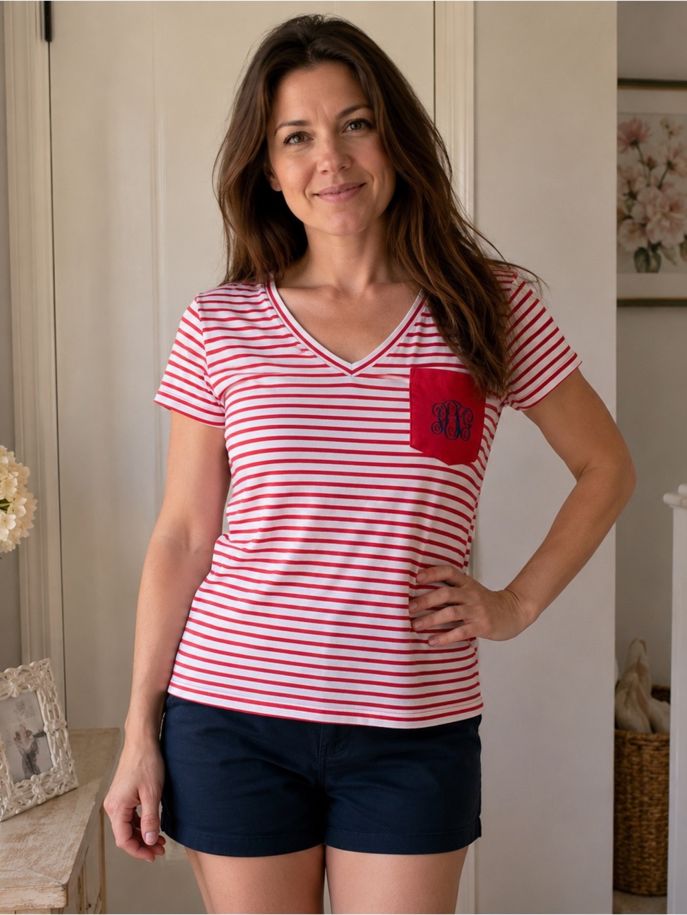 Columbia PFG Striped V Neck Tee Red White Monogram Pocket Top Size S/P